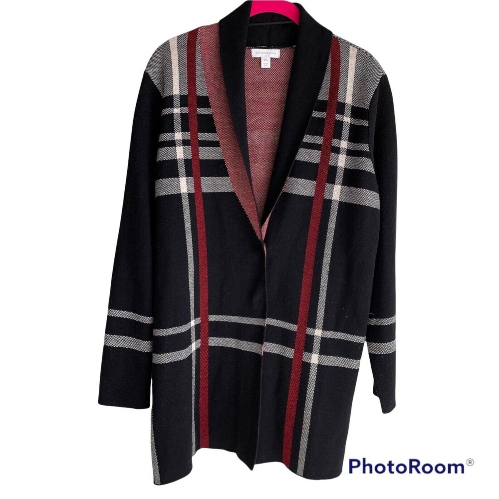 CHARTER CLUB Petite‎ Black Red Plaid Ladies CasualCareer Cardigan Sweater, PXL